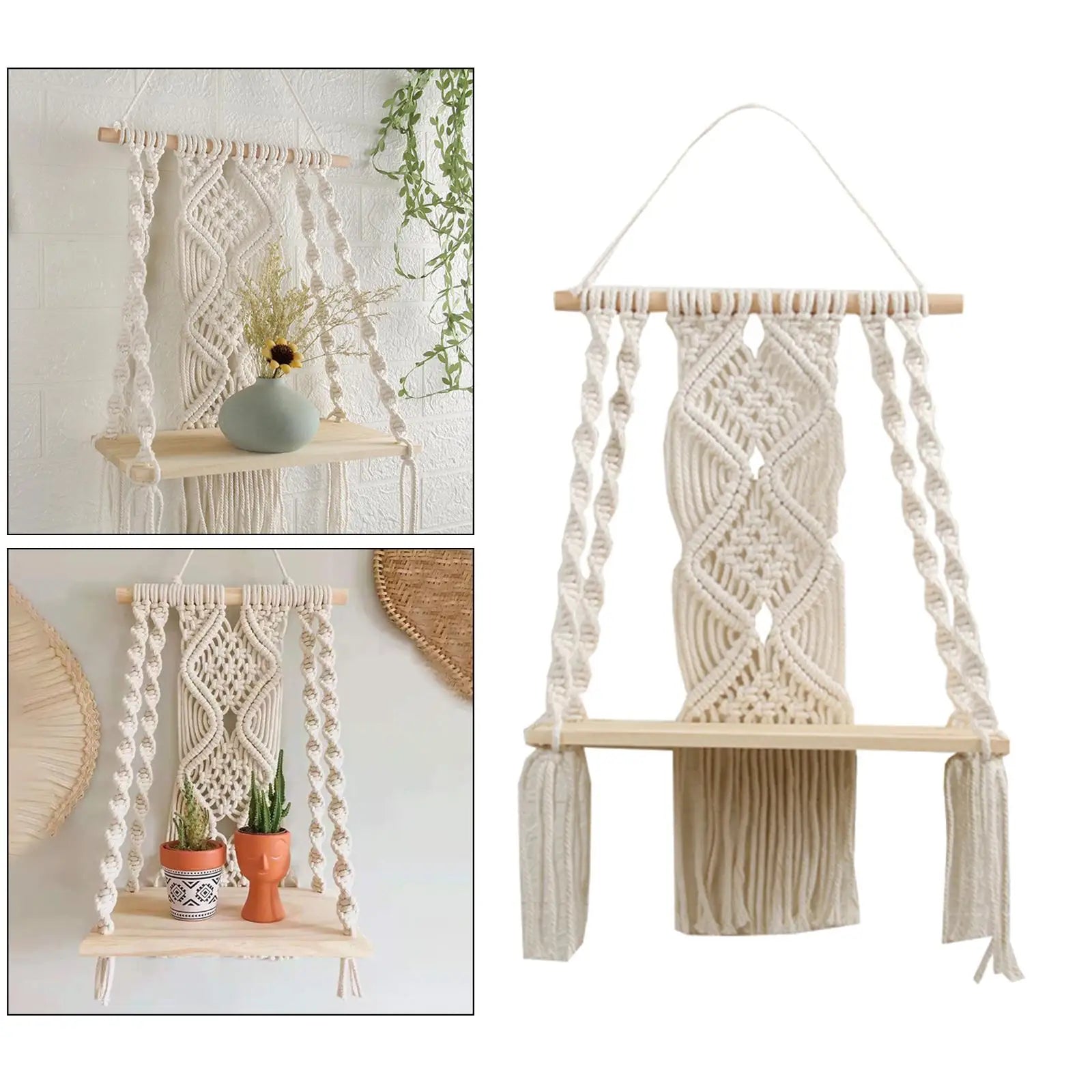 Bohemian Woven Macrame Tapestry Wall Shelf Books Magazines Flower Rack