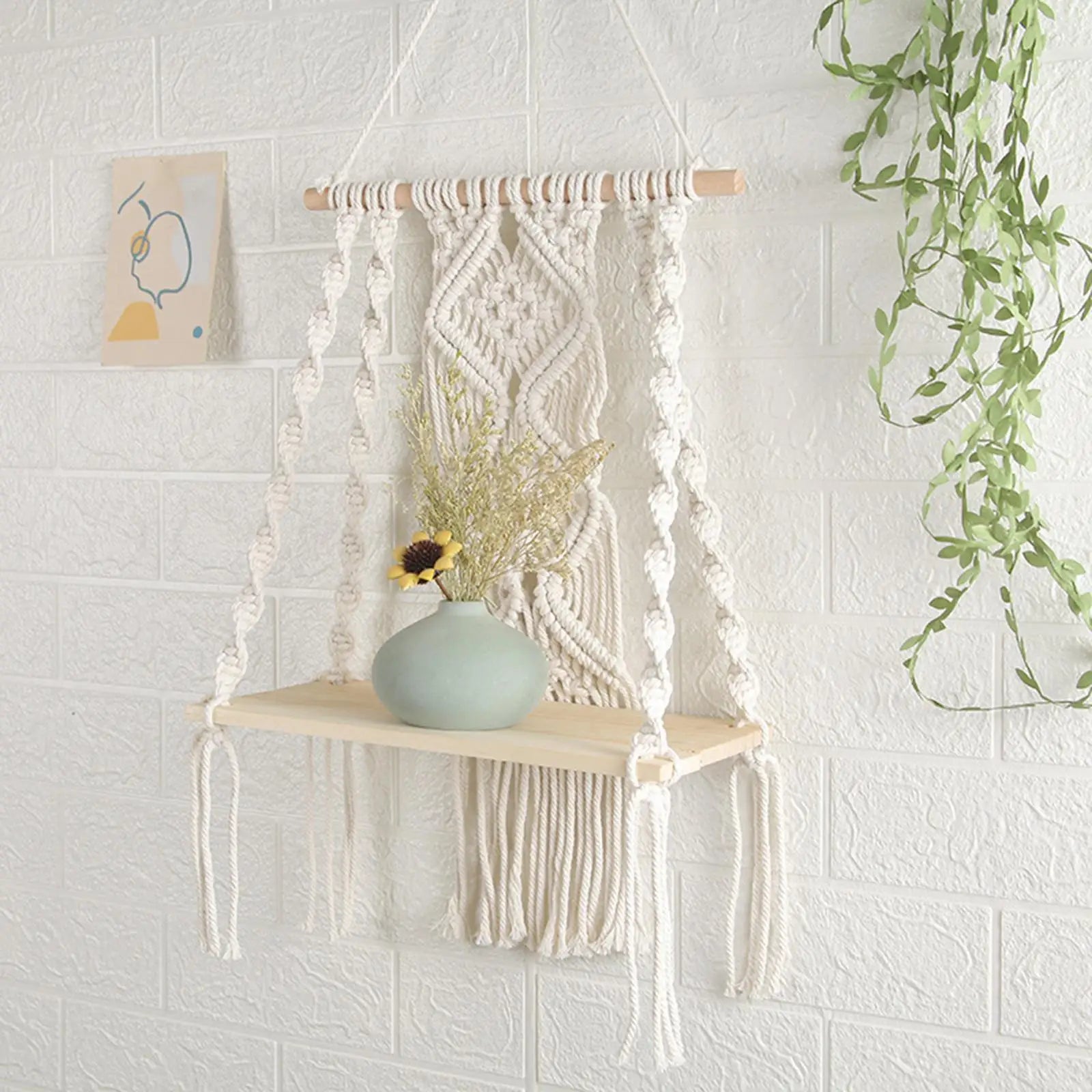 Bohemian Woven Macrame Tapestry Wall Shelf Books Magazines Flower Rack