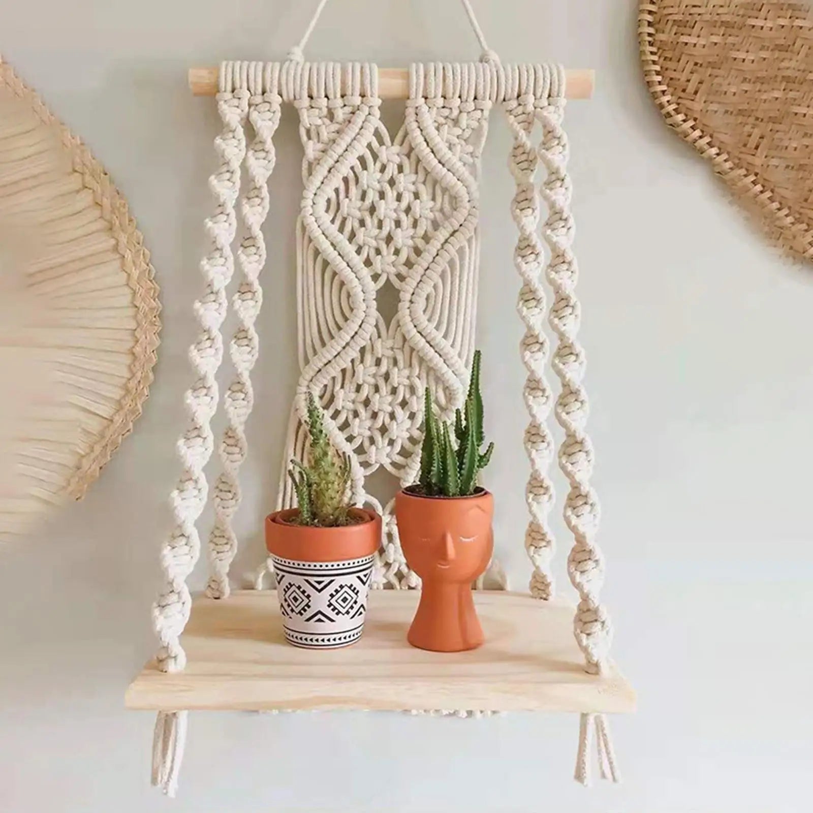 Bohemian Woven Macrame Tapestry Wall Shelf Books Magazines Flower Rack