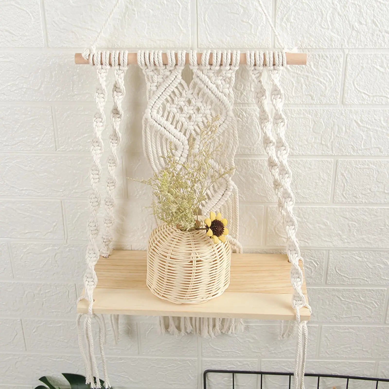 Bohemian Woven Macrame Tapestry Wall Shelf Books Magazines Flower Rack