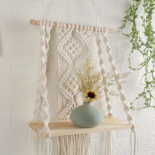 Bohemian Woven Macrame Tapestry Wall Shelf Books Magazines Flower Rack